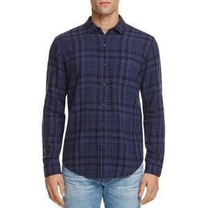 Rails Connor Regular Fit Indigo Blue Button Down Plaid Linen Blend Shirt Small